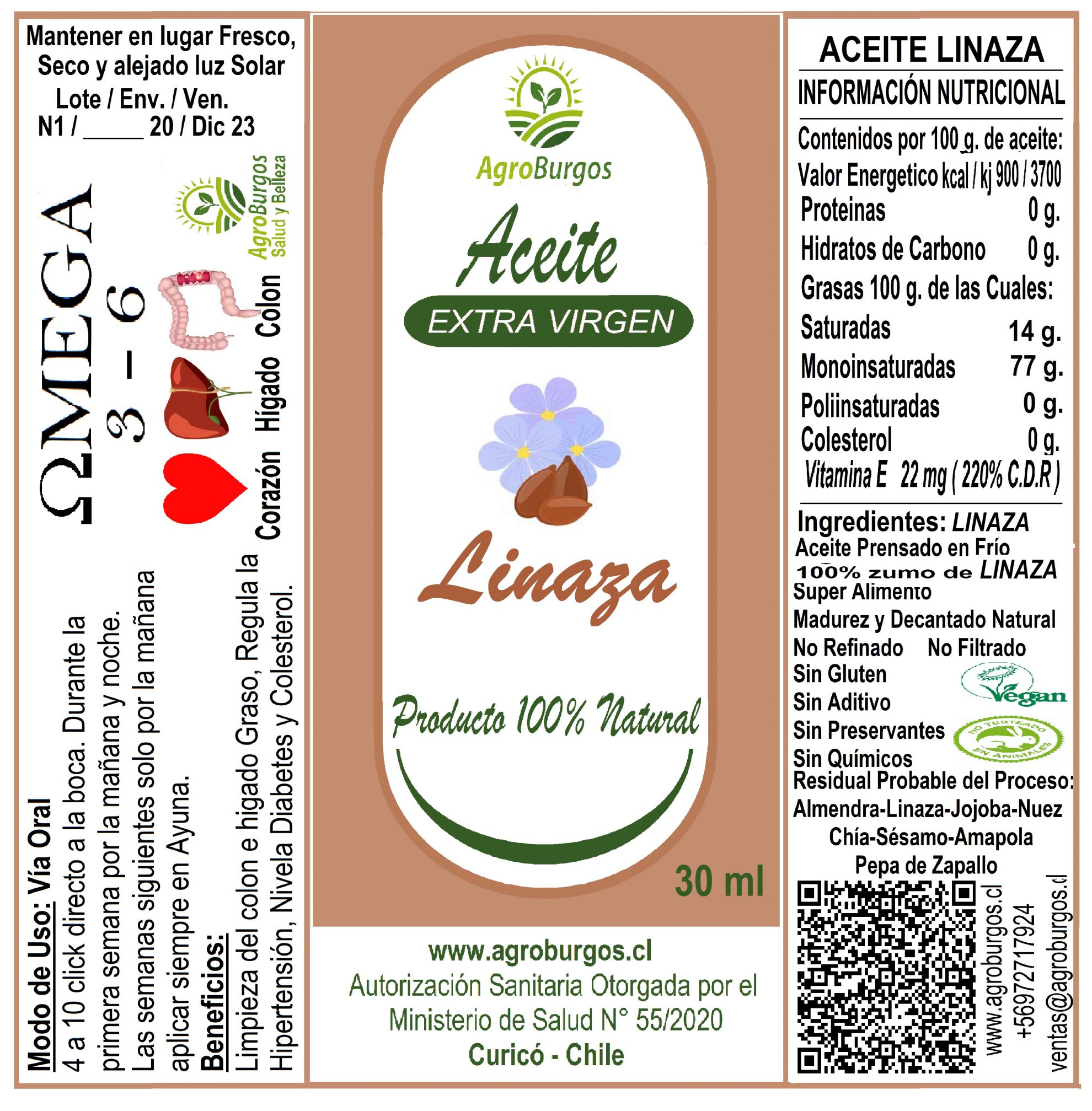 Aceite Prensado en Frío Linaza 30 ml AGROBURGOS